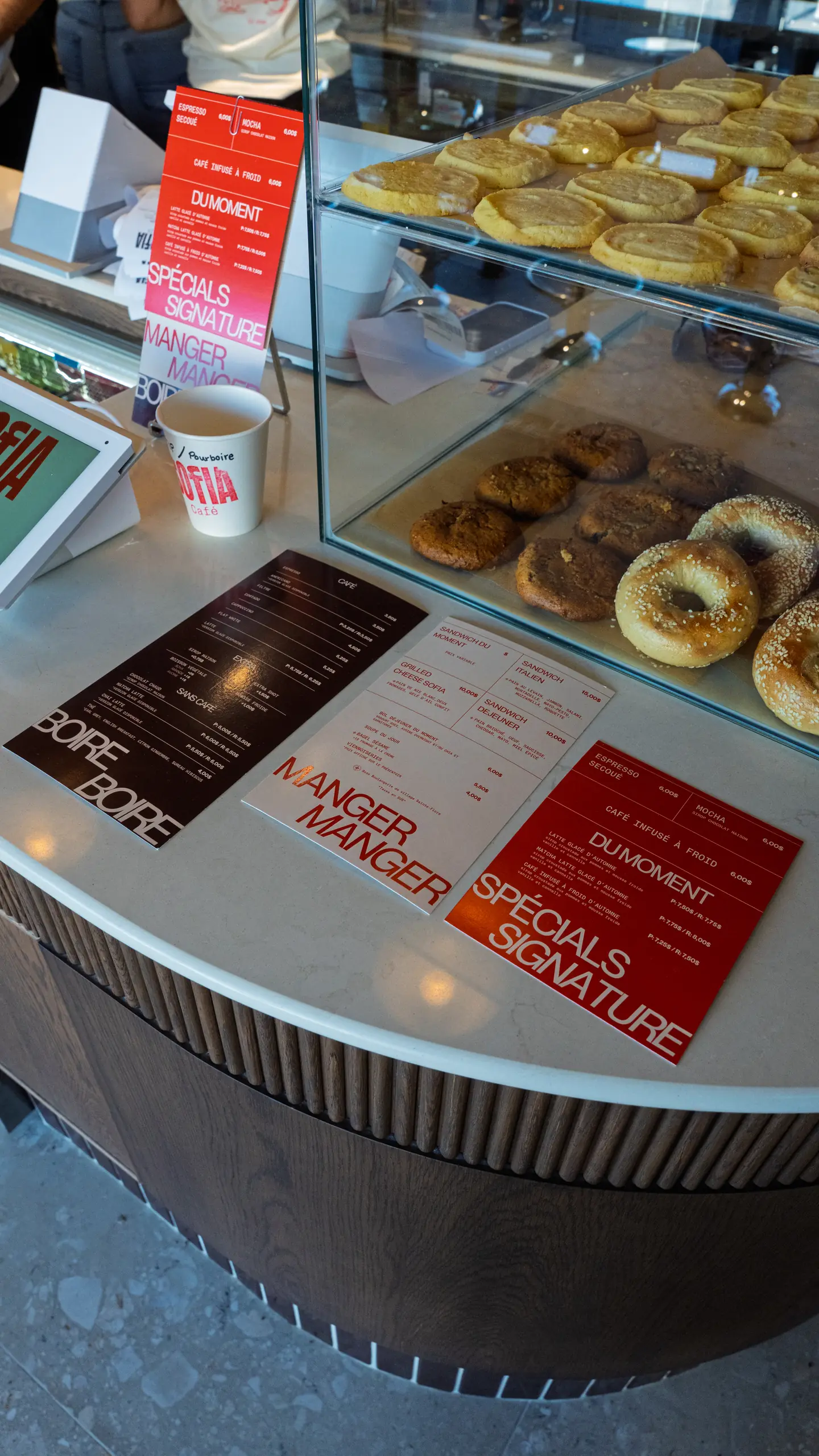 The pastry counter and the café's menus